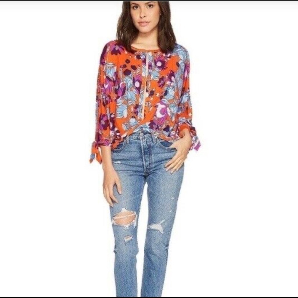 Free People Keepin On the Tie Side Orange Floral Oversized Top Size S - Picture 3 of 6